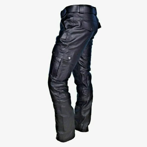 Men's Leather Motorcycle Pants with Cargo Pockets, Black, PU Pants  No