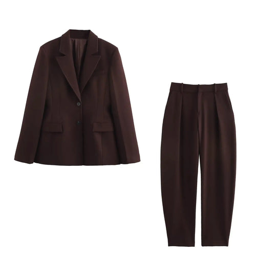 TRAFZA Women Fashion Suits Brown Turn-Down Collar Long Sleeves Single