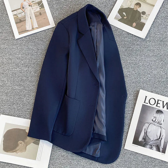 Navy Blue Blazer Jacket Women Single Breasted Pocket Embroidery