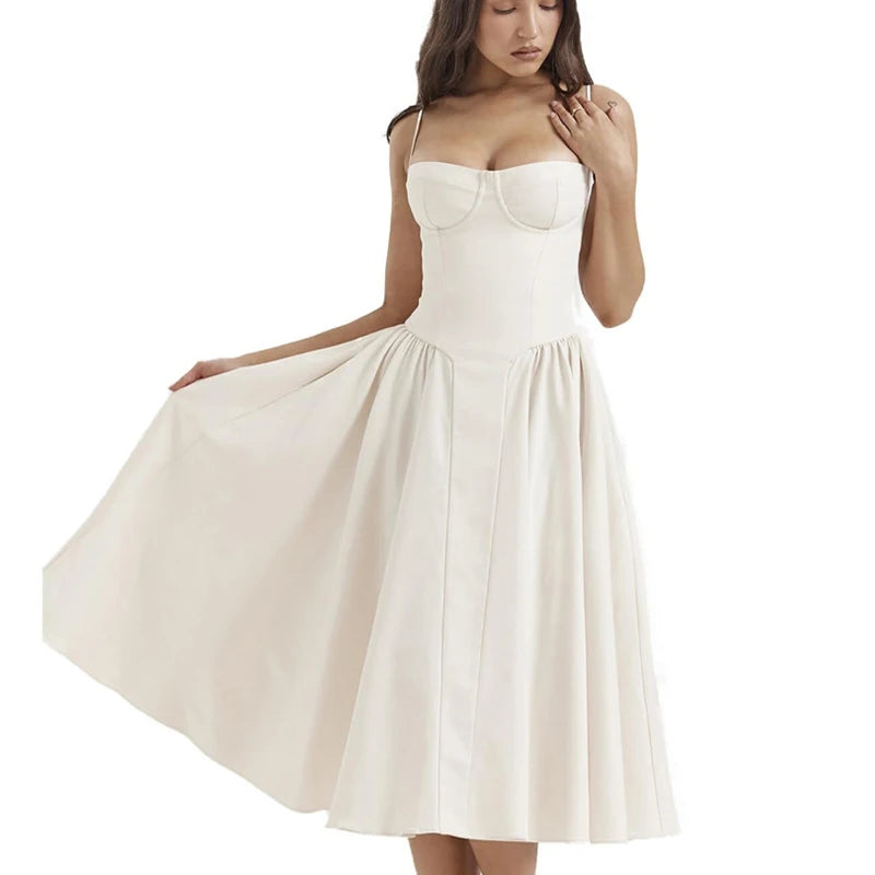 Elegant Spaghetti Strap Midi Dress Women Party Slim A Line Solid Suspender Lady Dresses New Spring Summer Fashion Sexy Vestidos