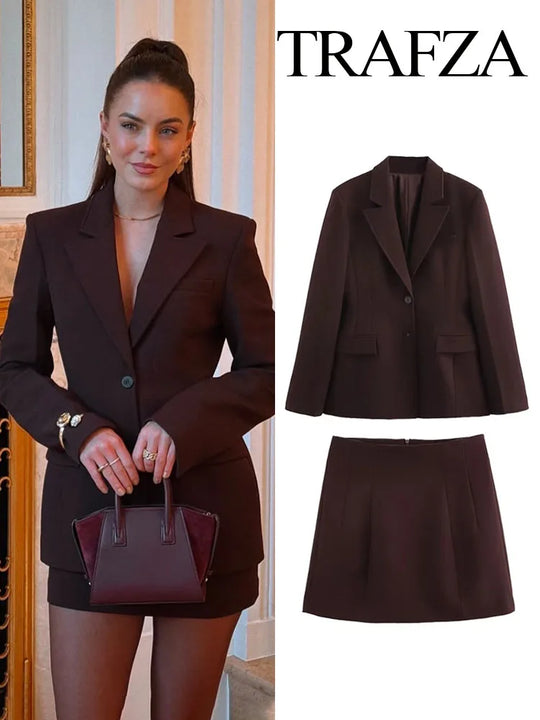 TRAFZA Women Fashion Suits Brown Turn-Down Collar Long Sleeves Single