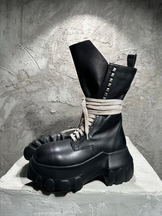 Men's High Top Shoes Platform Woman Sneakers Leather Lace Up Gothic Heels Luxury Vintage Trendy Designer Black Male Boots