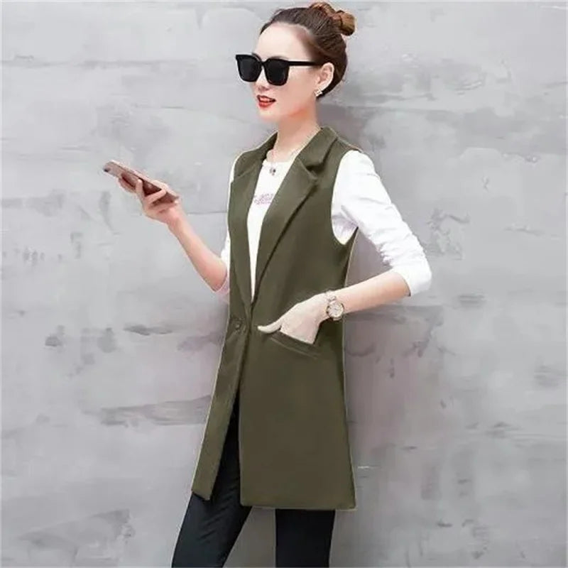 2024 Vest Women Sleeveless Jacket Coat Long Vest Blazer Formal Work