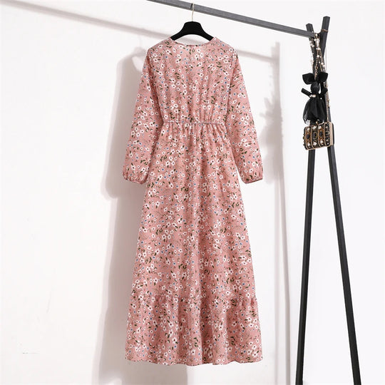 Spring Summer Women Maxi Dresses Casual Full Sleeve Floral Printed