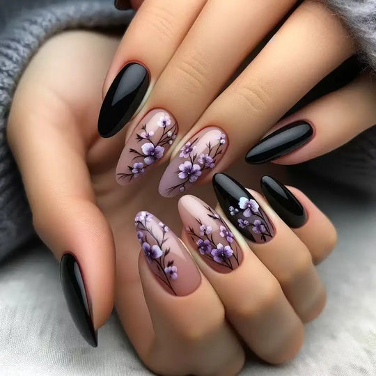 Purple Flower Press on Nails 24Pcs Almond/Coffin Wearable Fake Nails Flower Printed Woman DIY Manicure Acrylic False Nails Tips