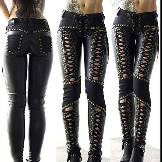Spring Summer New Women's Clothing Solid Color Punk Rock Imitation Leather Skinny Pants Wish Strap Leather Pants