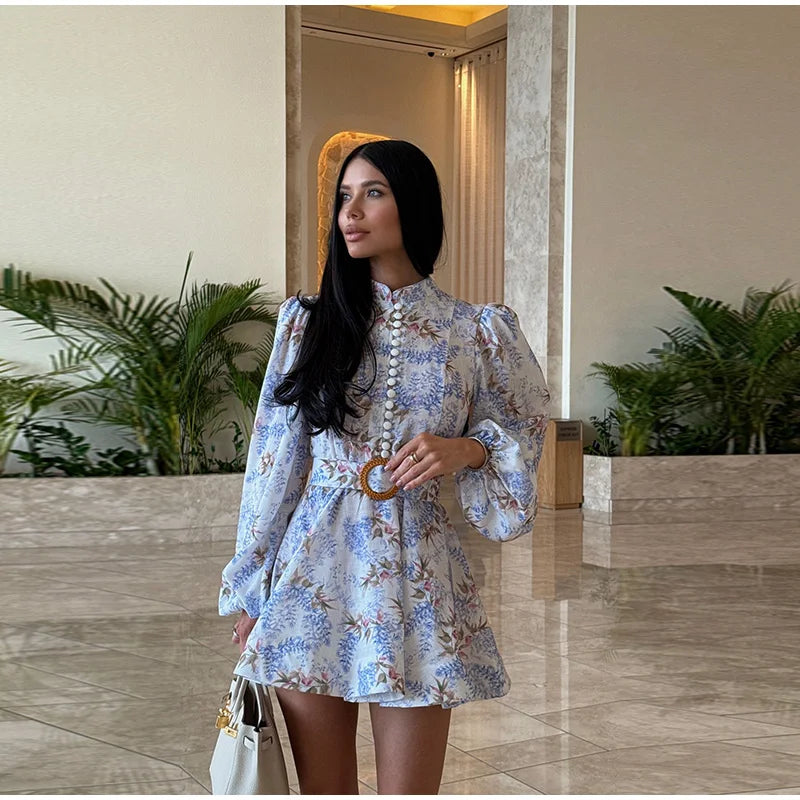 Elegant Women's Printed Dress Long Sleeve O-Neck Button Lady Dresses With Belt Summer Fashion Female Party Short Dress
