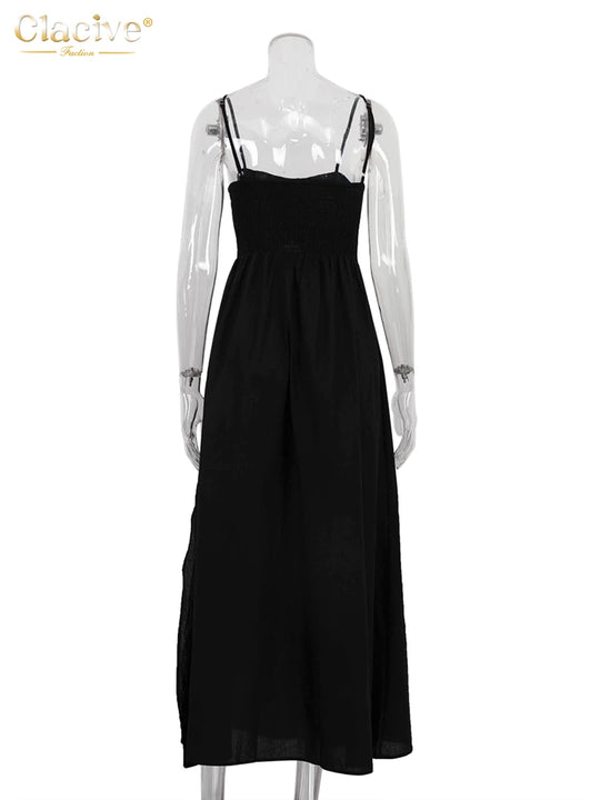 Clacive Sexy Loose Black Cotton Womens Dresses 2024 Summer Strap
