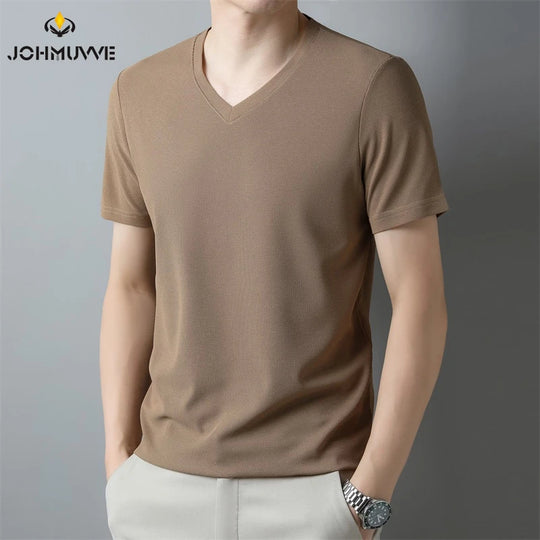 2025 Men's New Waffle V Neck Short Sleeved T-shirt Summer Comfortable
