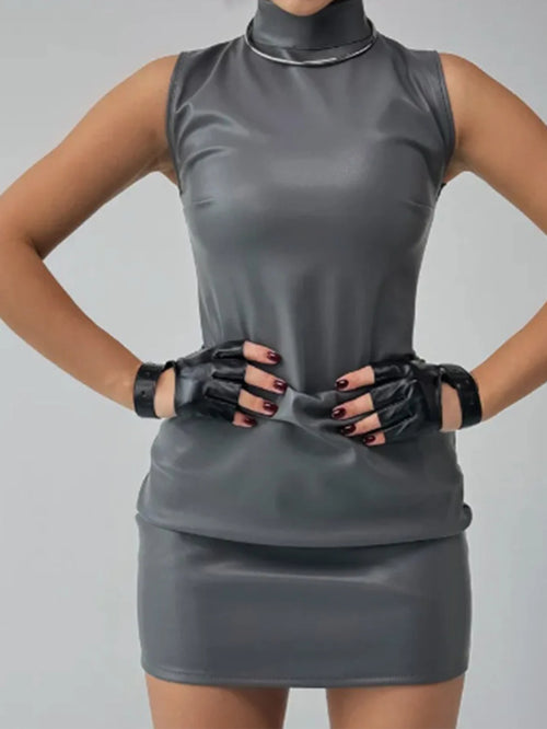 Sexy brown PU leather mini summer dress women clothing elegant bodycon