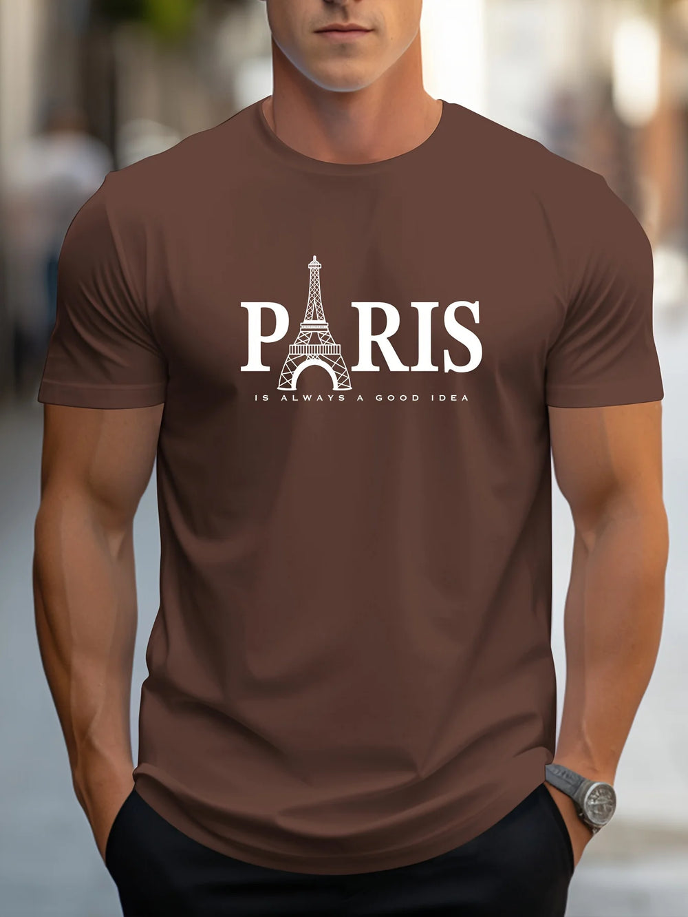 Summer Men's T Shirt Short Sleeve Paris Pattern Print Casual O-Neck
