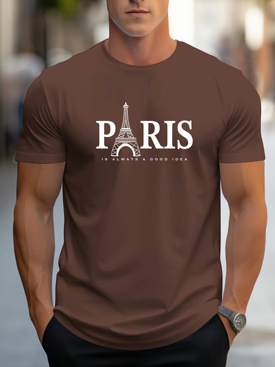 Summer Men's T Shirt Short Sleeve Paris Pattern Print Casual O-Neck