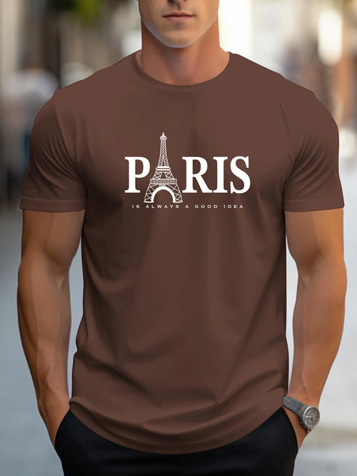 Summer Men's T Shirt Short Sleeve Paris Pattern Print Casual O-Neck