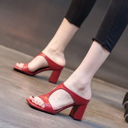 Women's High Heel Shoes 2022 Spring New Slippers Fashion Versatile Solid Color Medium Heel Thick Heel Square Toe Sandals Women