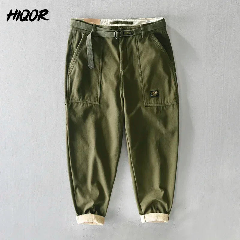 HIQOR Winter Cargo Pants Men Warm Thicken Outdoor Trousers Loose