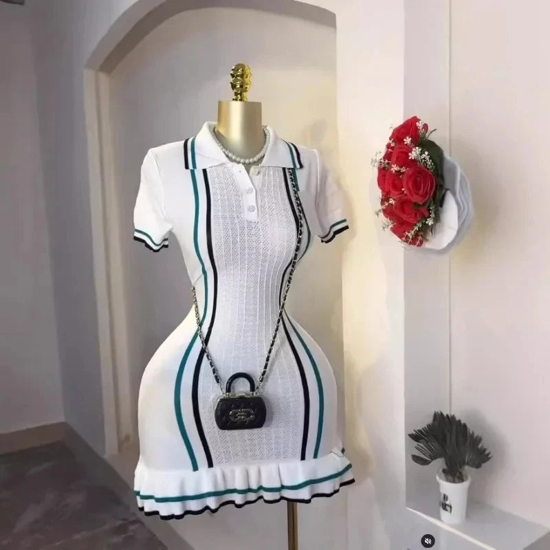 Women Color Patchwork Ruffles Hem Knitted Mini Dress Buttons Polo-neck