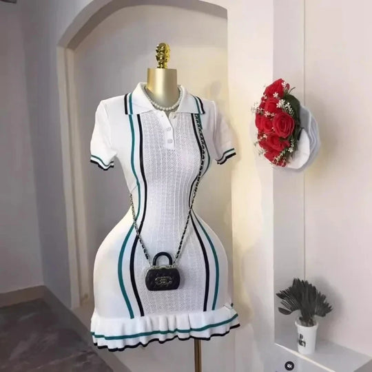 Women Color Patchwork Ruffles Hem Knitted Mini Dress Buttons Polo-neck