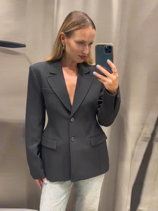 Elegant Shoulder Pad Slim Suit Jackets Women Solid Lapel Long Sleeved