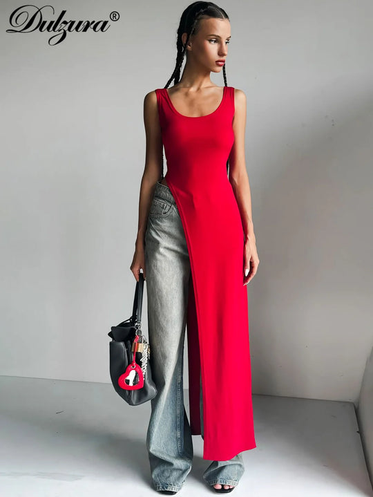 Dulzura 2024 Sexy Sleeveless Side High Split Dress Solid Backless