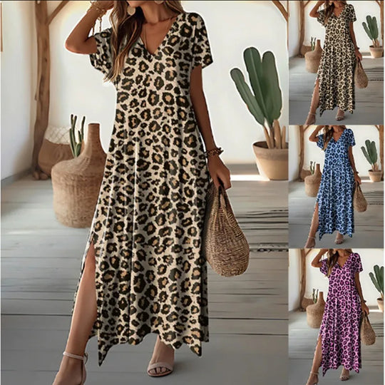 Summer Casual Loose Long Printed V-Neck Short Sleeve Dress for Women