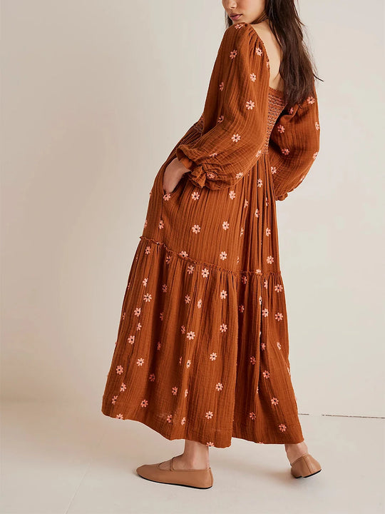 Women's Flower Embroidered Long Dress Bodycon Lantern Sleeve Square