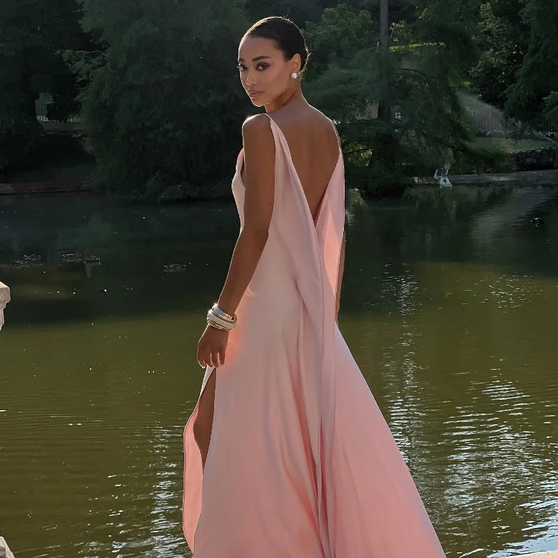 Elegant Split Women' s Dresses Solid Square Collar Backless Sleeveless Long Dress Female 2025 Summer Party Evening Robes