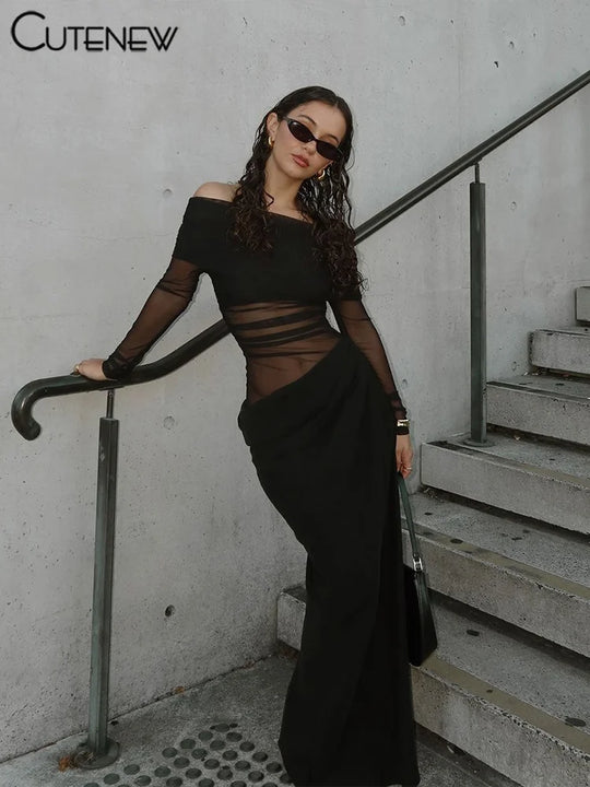 Cutenew Mesh Ruched Women Maxi Dress Sexy See Through Off Shoulder