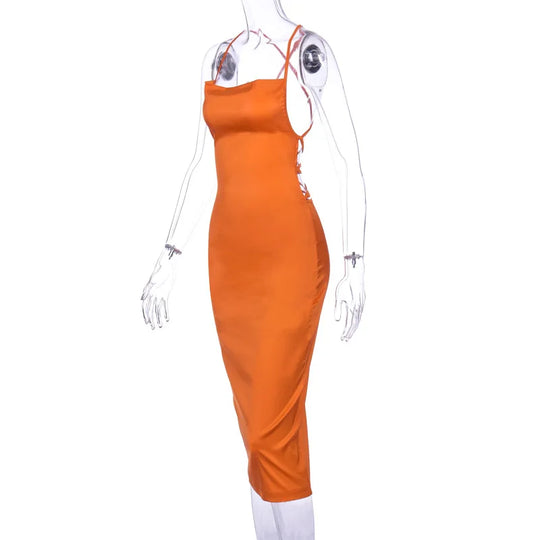 Neon Satin Lace Up Women's Long Midi Dress Light Pink Bodycon Backless Elegant Party Sexy Club Clothes Summer Dinner Outfit