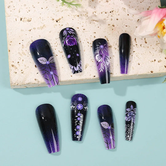 Purple Flower Press on Nails 24Pcs Almond/Coffin Wearable Fake Nails Flower Printed Woman DIY Manicure Acrylic False Nails Tips
