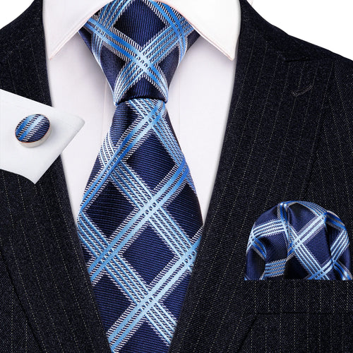 Men Tie Gold Navy Blue Striped Silk Tie 3.4" Jacquard Party