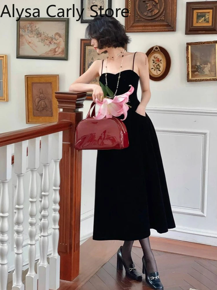 2022 Summer French Vintage Strap Dress Women Red Elegent Korean Party