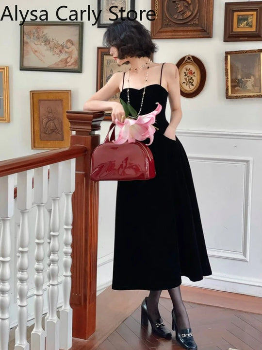 2022 Summer French Vintage Strap Dress Women Red Elegent Korean Party