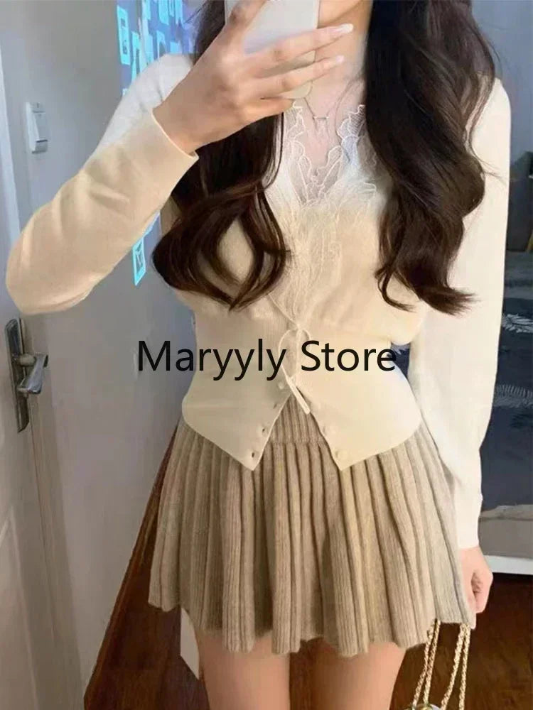 2023 Autumn Women French Long Sleeve Cardigan + High Waist Mini Skirt