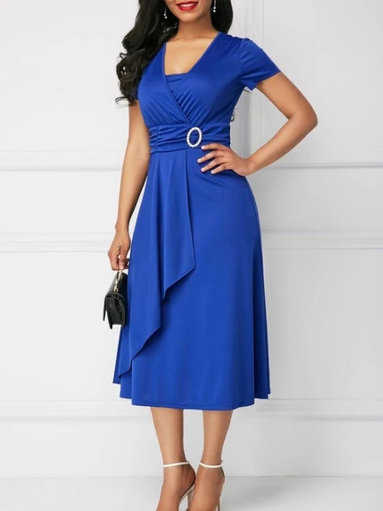 Summer Dresses Elegant Women Solid Color Short Sleeve V Neck