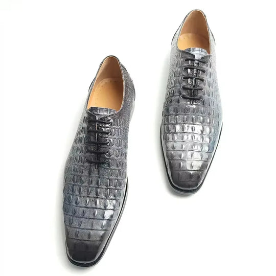 Deluxe Leather Shoes Crocodile Pattern Lace Up Wedding Shoes for Men Business Casual Leather Shoes Round Toe Height Increasing