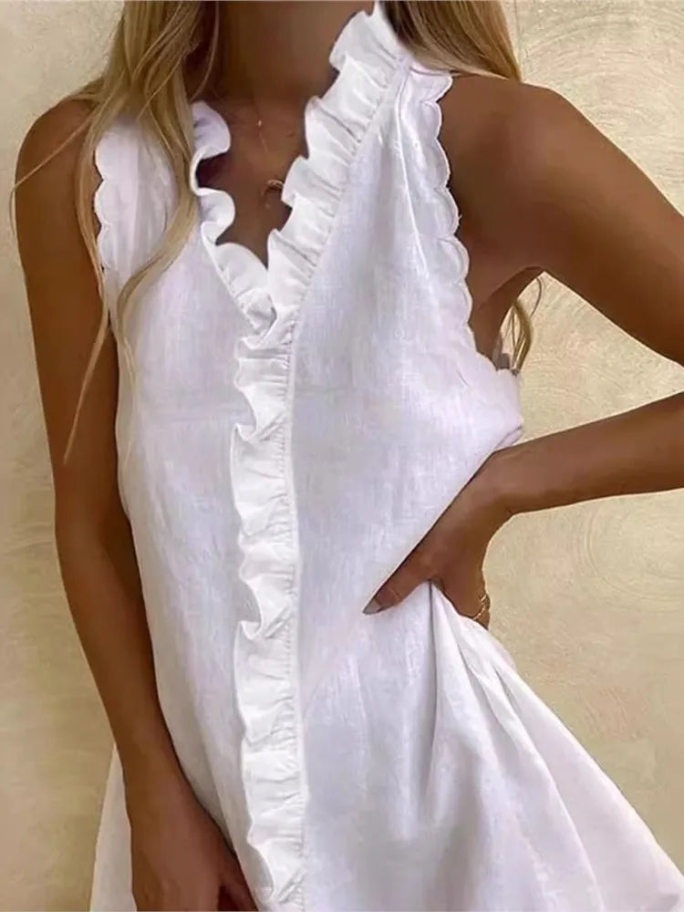 New Women Casual Cotton And Linen White Dress Summer V Neck Ruffles