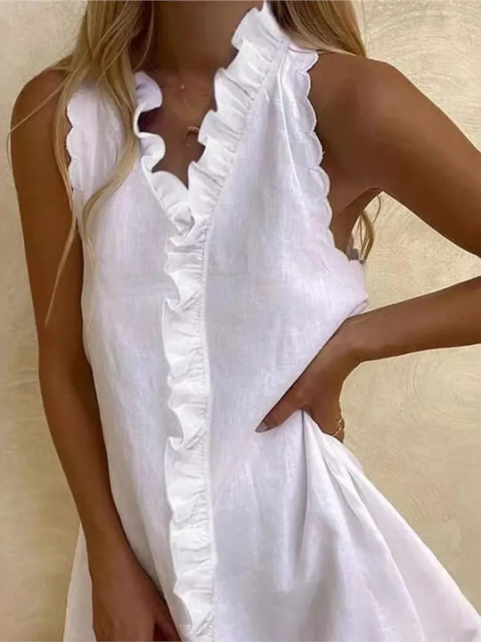 New Women Casual Cotton And Linen White Dress Summer V Neck Ruffles
