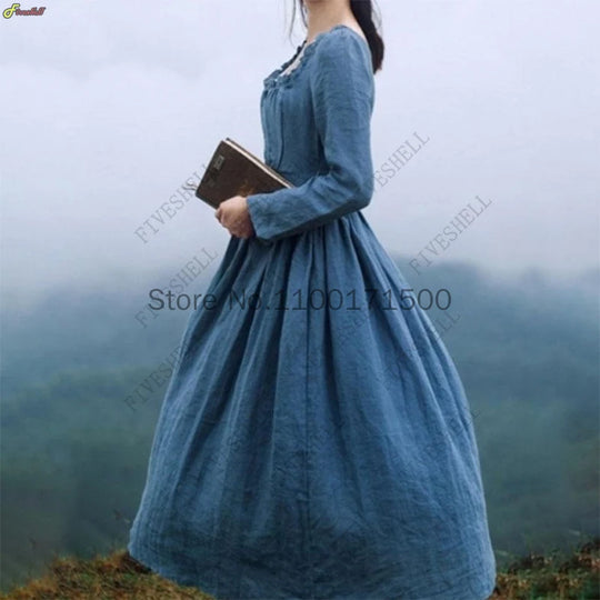 Women Medieval Victorian Retro Dress Square Collar Long Sleeves High
