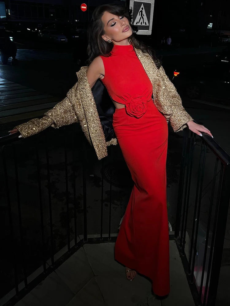 Ahagaga Elegant Sexy Hollow Out Maxi Dresses Fashion Solid Regular