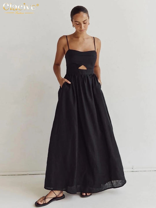 Clacive Sexy Loose Black Cotton Womens Dresses 2024 Summer Strap