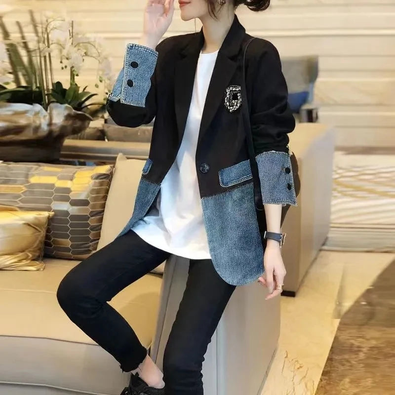 Denim Splice Coat Jacket Women Blazer 2024 Spring And Summer New