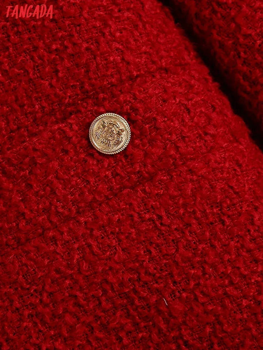 New Collection 2025 Women Vintage Red Tweed Blazer Female Long Sleeve