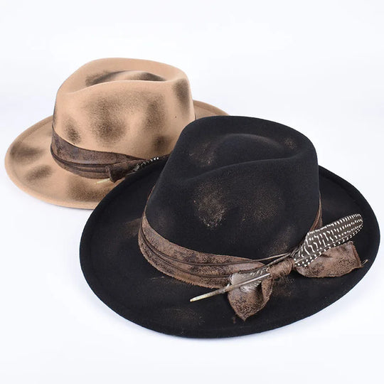 Vintage Feather Fedora Felt Hat Women Men Gentleman Hats New Autumn Casual Wide Brim Black Top Hat British Men's  Jazz Cap