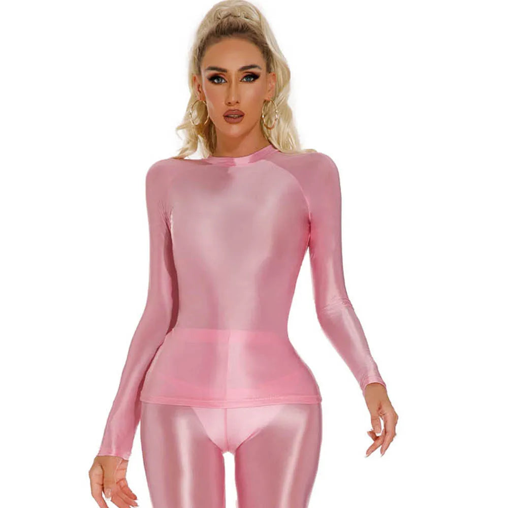 Glossy Shiny Elasitc Long Sleeve Shirt Women Fitness Gym Athletic Yoga Tshirt Tights Hot Sexy Tees Casual Crop Tops Bustier Top