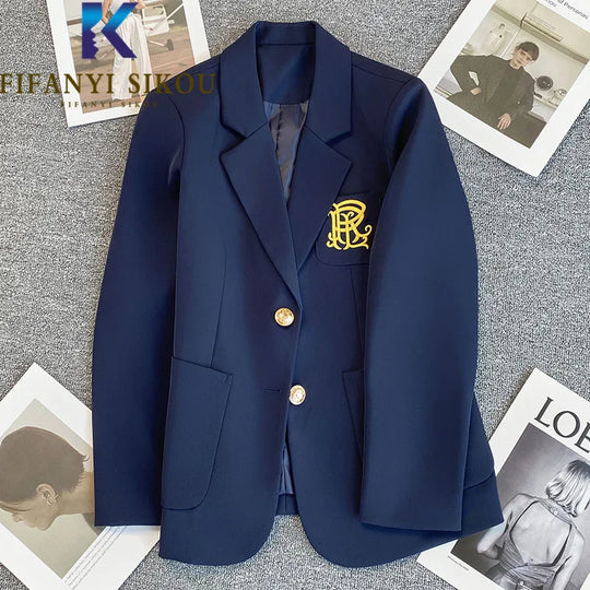 Navy Blue Blazer Jacket Women Single Breasted Pocket Embroidery