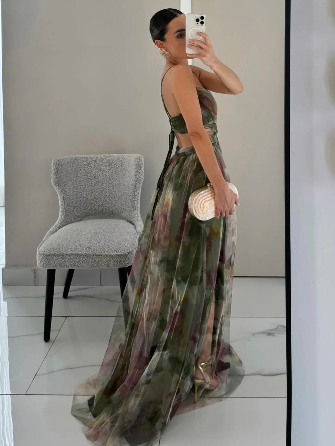 Spring/Summer New Mesh Printed Sling Dress Vacation Casual Gathering Dress