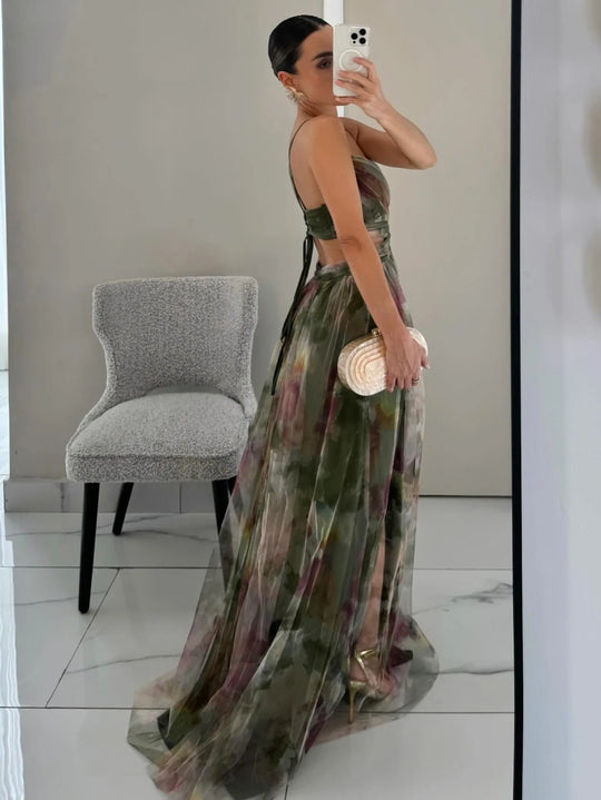 Spring/Summer New Mesh Printed Sling Dress Vacation Casual Gathering Dress