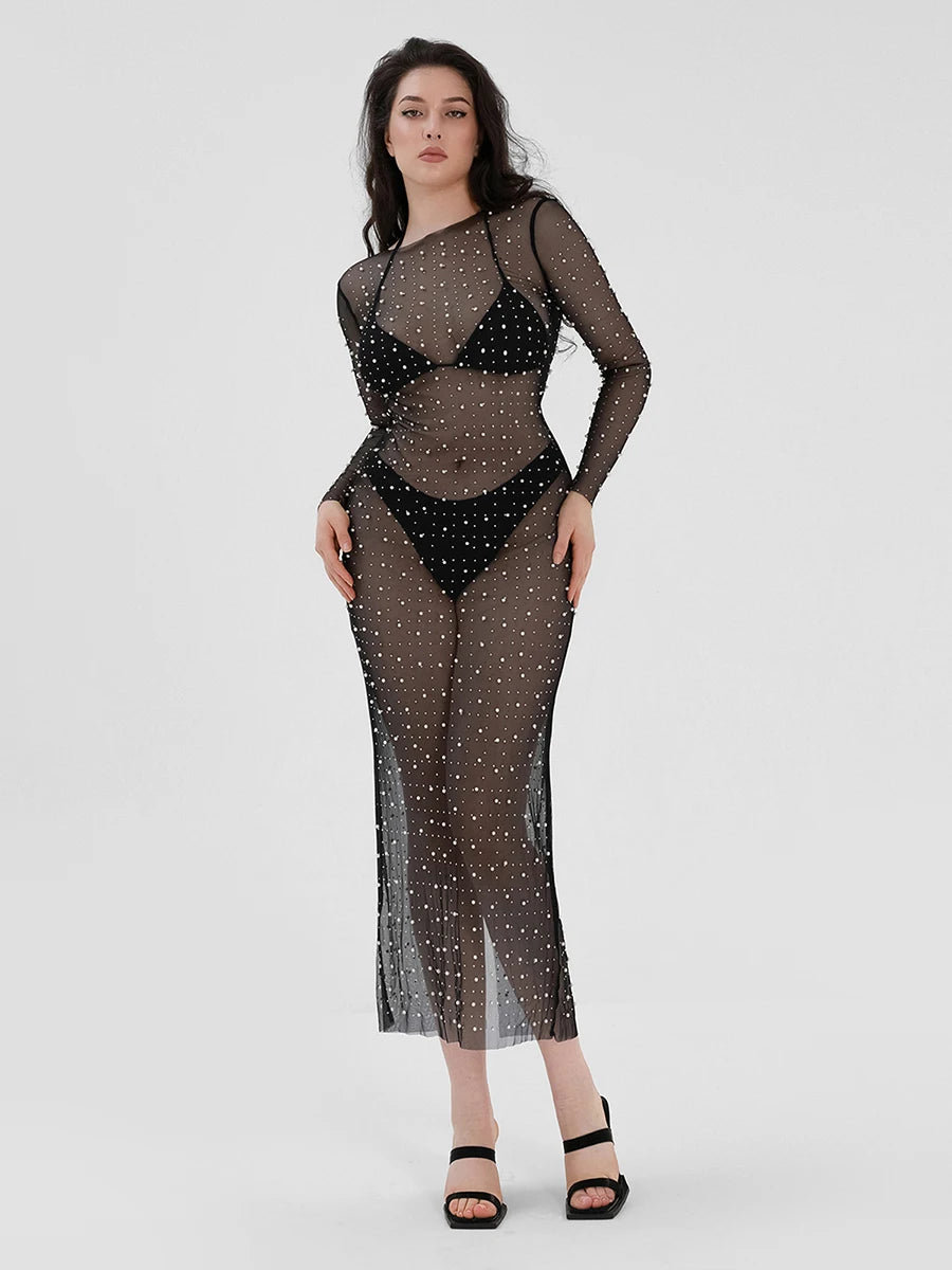 Sexy Women's Sheer Mesh Pearl Rhinestone Beach Cover Up Dress See