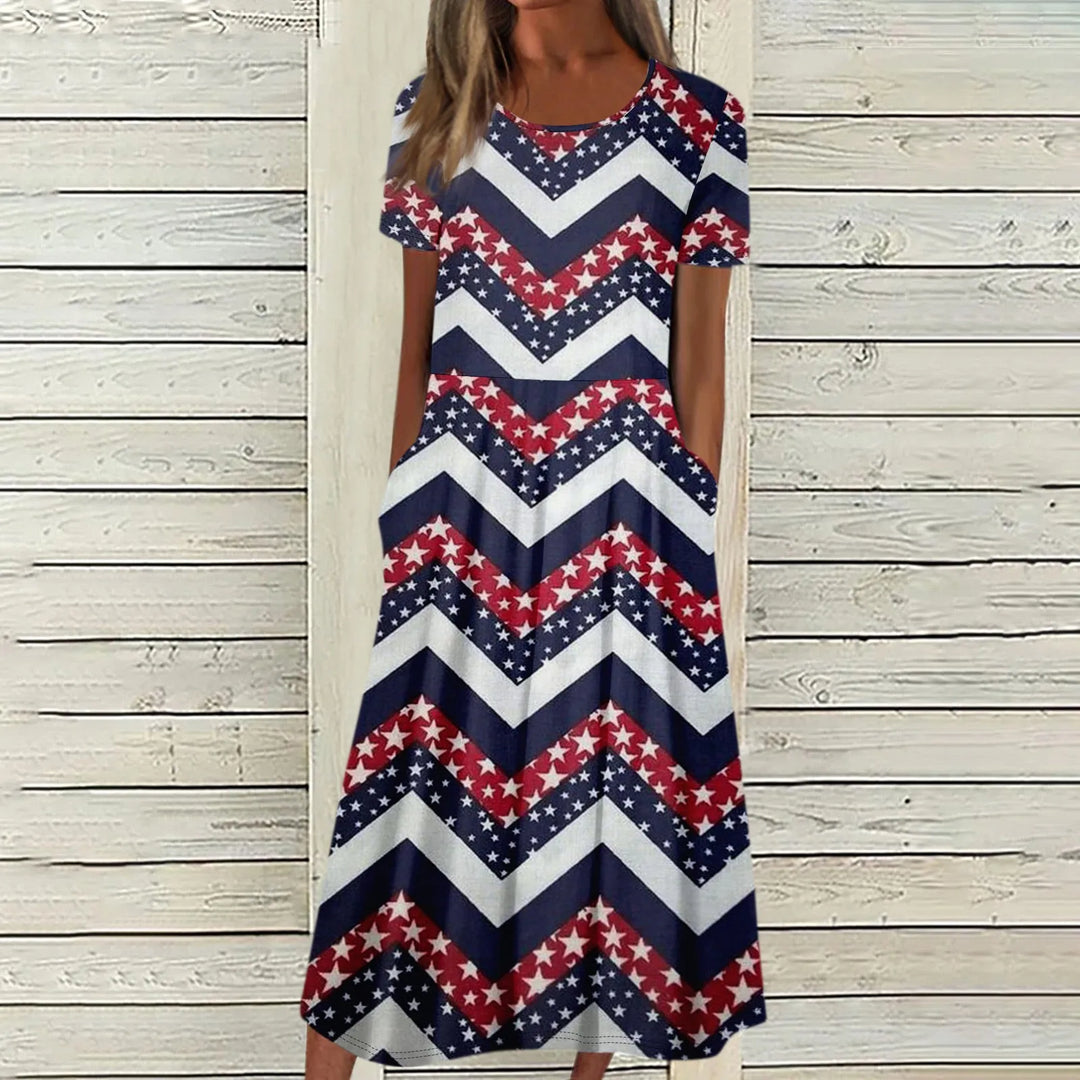 Women's Summer Dresses Casual Fashion Independence Day Printed Dress New Short Sleeved Round Neck Pocket Dress vestidos longos