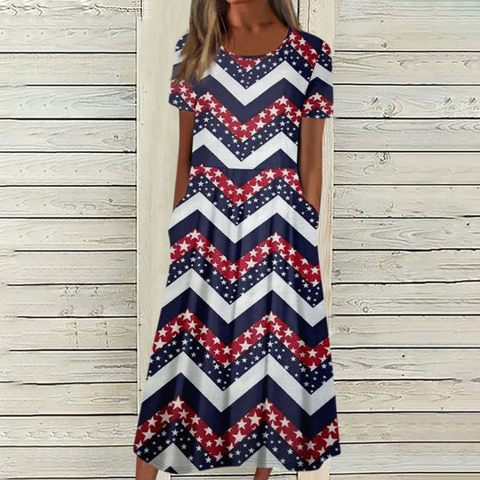 Women's Summer Dresses Casual Fashion Independence Day Printed Dress New Short Sleeved Round Neck Pocket Dress vestidos longos